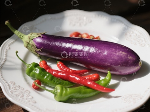 紫茄子与红绿辣椒的静物组合