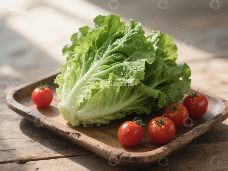 高清大图下载【趣麦麦图】新鲜生菜与樱桃番茄置于木盘