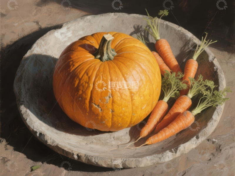 高清大图下载【趣麦麦图】南瓜与胡萝卜置于石碗中