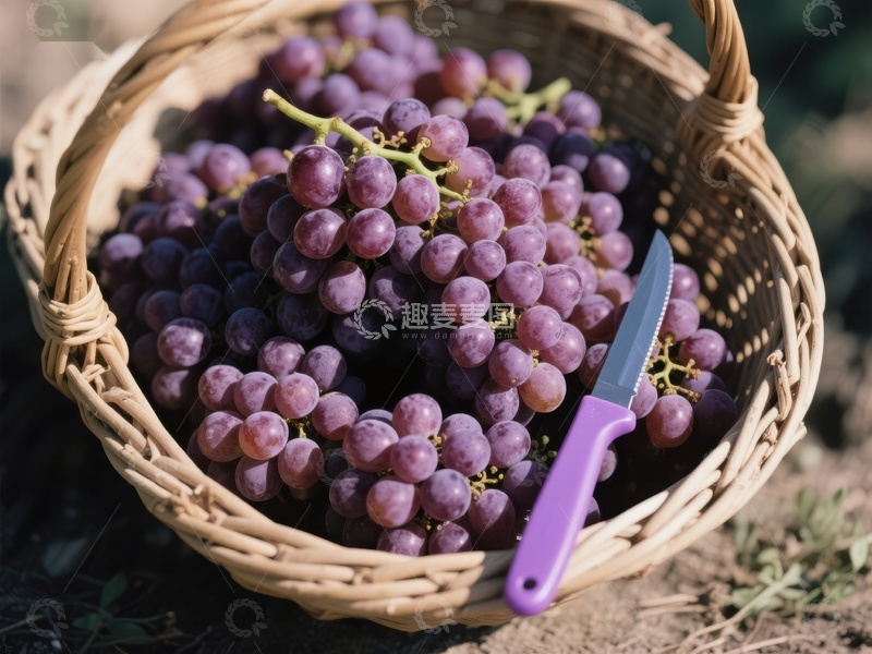 高清大图下载【趣麦麦图】篮子里的紫葡萄与小刀