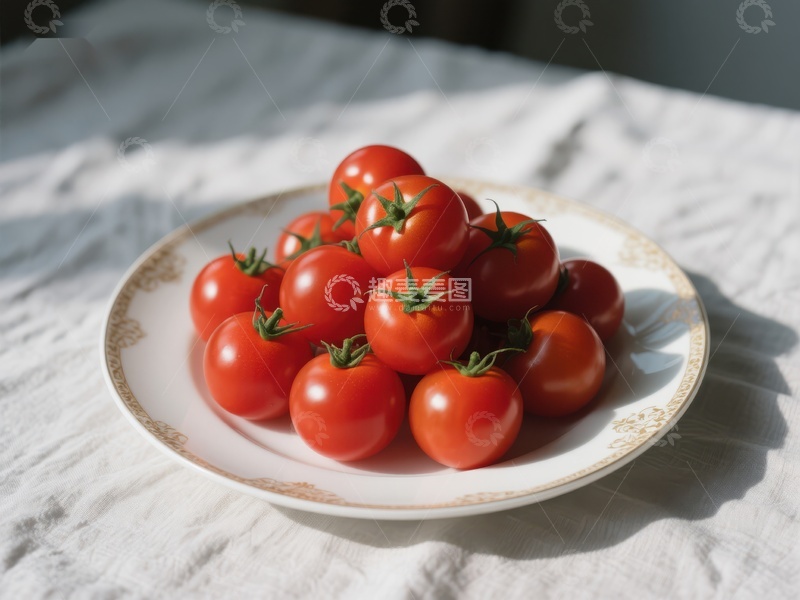 高清大图下载【趣麦麦图】新鲜樱桃番茄置于白色盘中