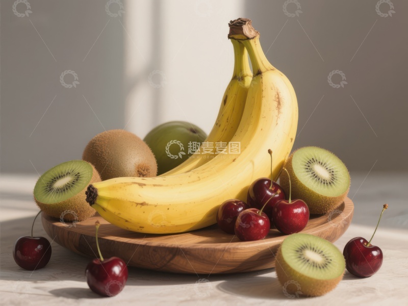 高清大图下载【趣麦麦图】香蕉、猕猴桃与樱桃的静物组合
