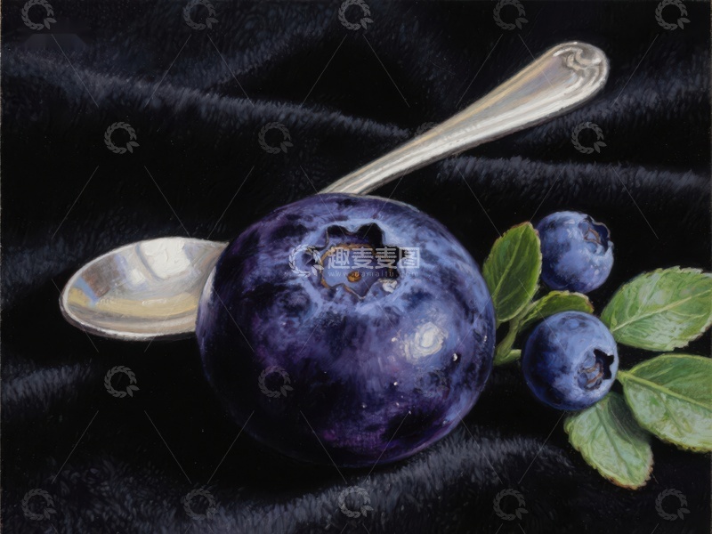 高清大图下载【趣麦麦图】蓝莓与银勺静物画