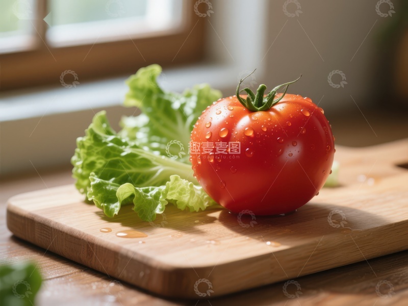 高清大图下载【趣麦麦图】新鲜番茄与生菜置于木制砧板上