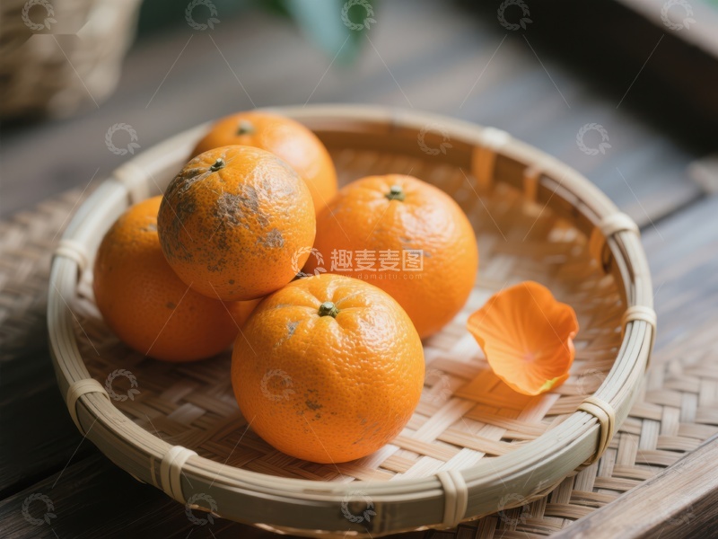 高清大图下载【趣麦麦图】竹篮中的橙子与花瓣