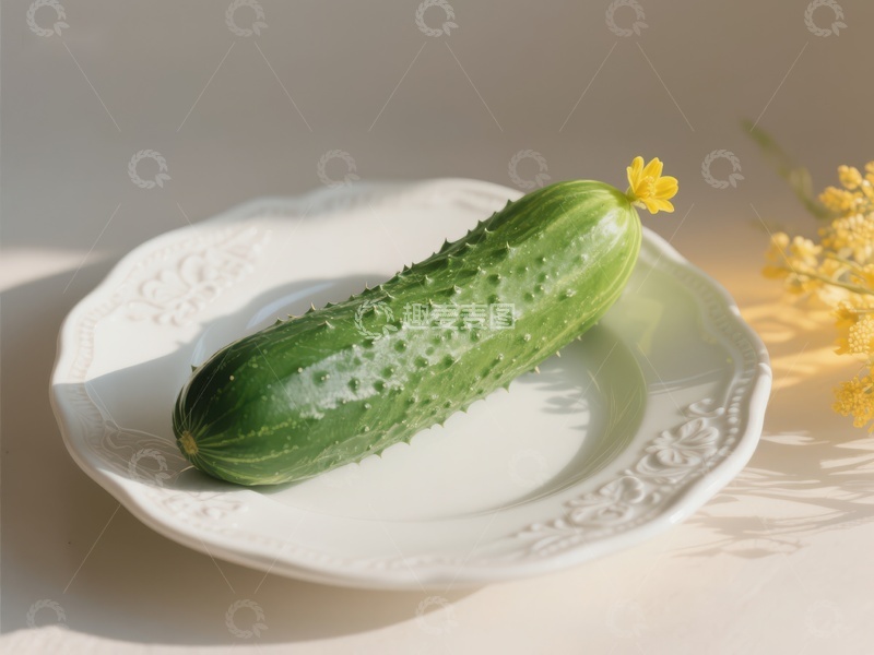 高清大图下载【趣麦麦图】青瓜置于白色盘中，旁有黄色小花