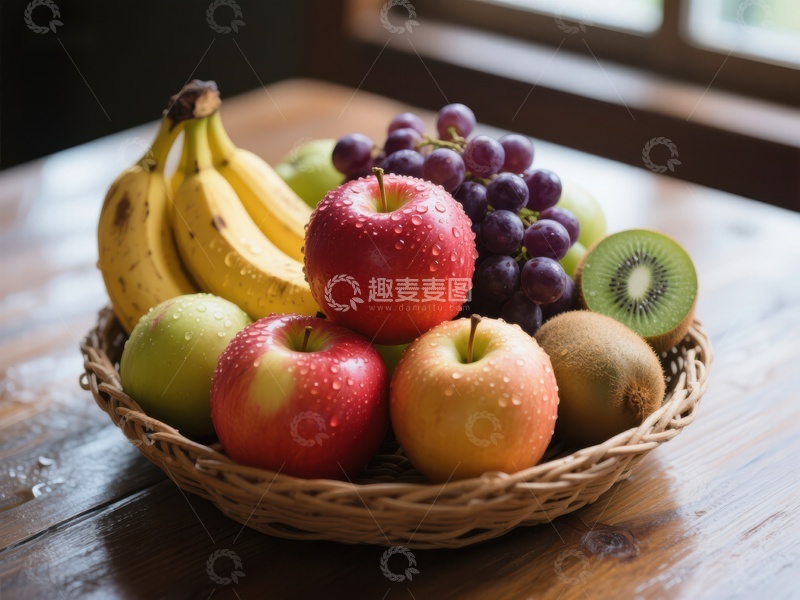 高清大图下载【趣麦麦图】新鲜水果篮，包含苹果、香蕉和葡萄
