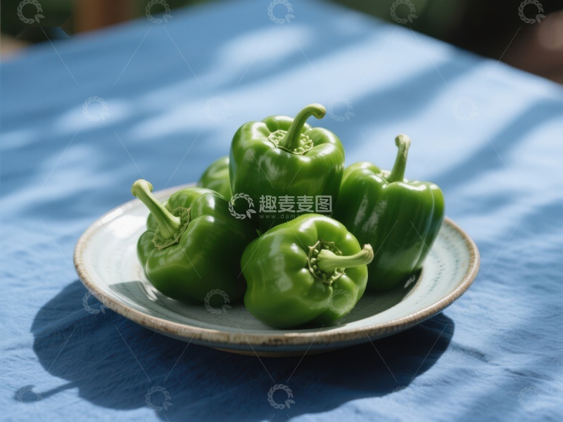 高清大图下载【趣麦麦图】青椒盘中摆放，蓝布背景映衬