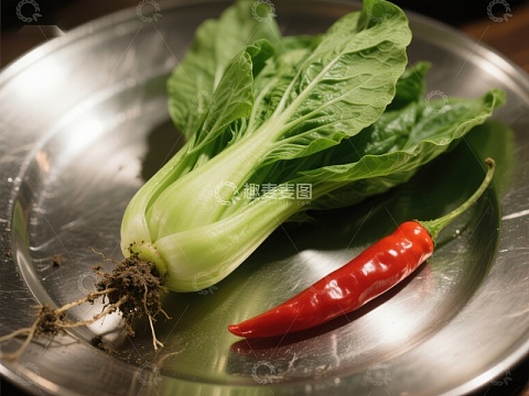 新鲜蔬菜：小白菜与红辣椒