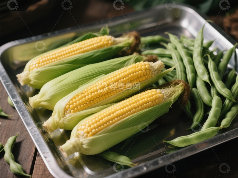 高清大图下载【趣麦麦图】新鲜玉米与四季豆的金属盘展示