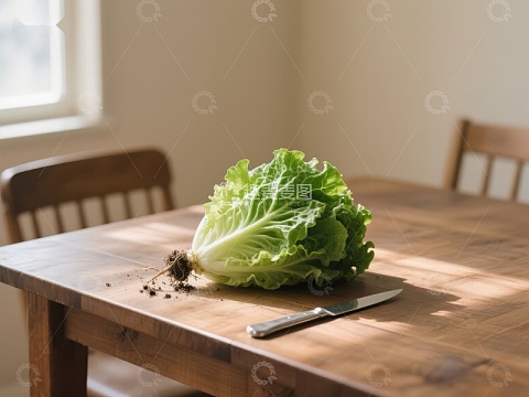 生菜置于木质餐桌，阳光洒落