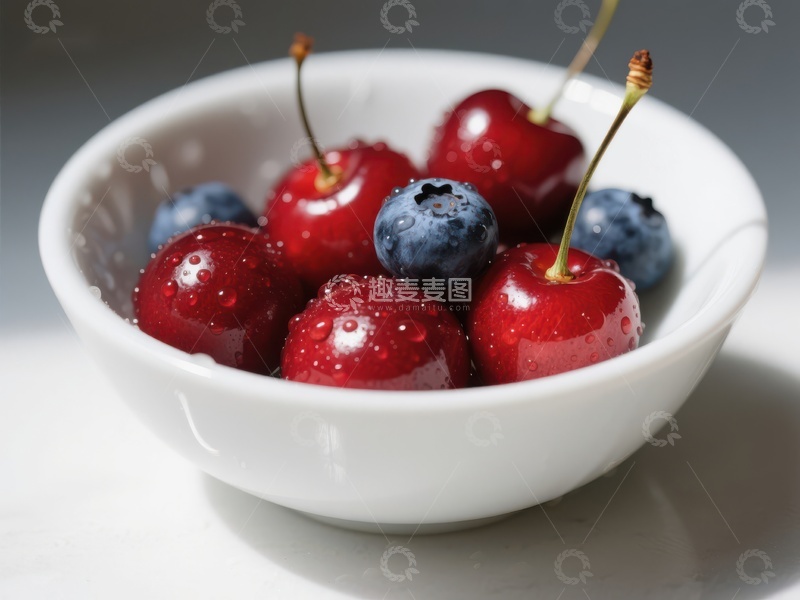 高清大图下载【趣麦麦图】新鲜樱桃蓝莓盛于白色碗中