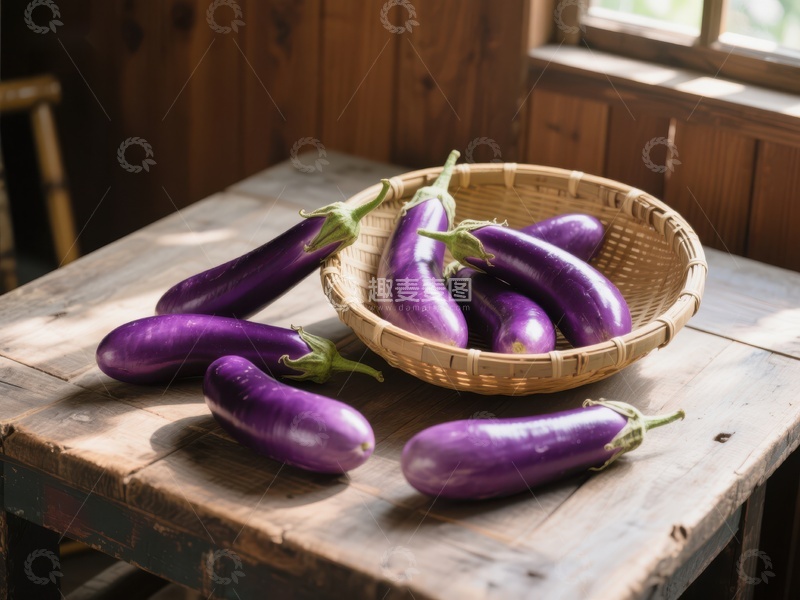 高清大图下载【趣麦麦图】紫茄子置于竹篮与木桌之上