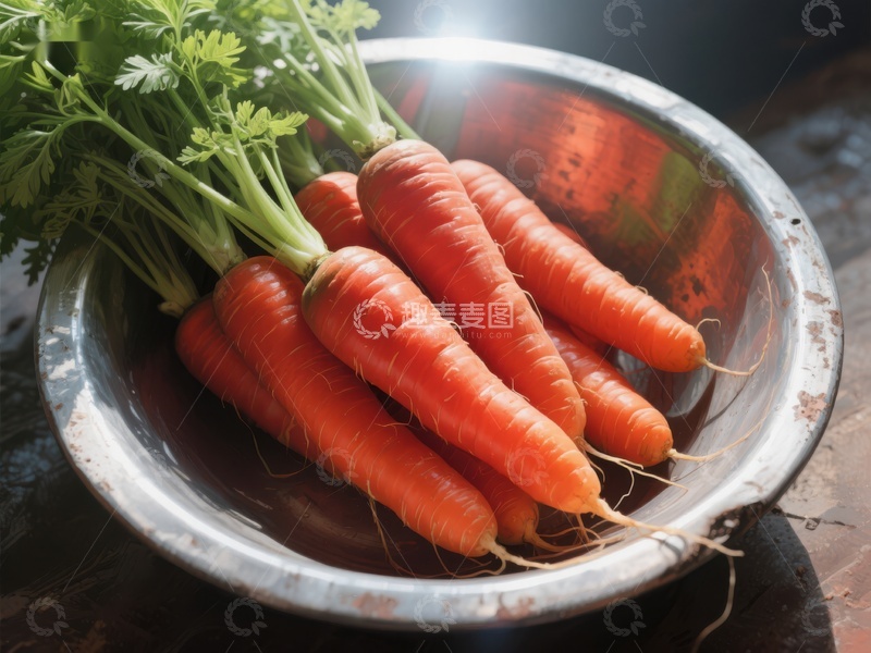 高清大图下载【趣麦麦图】新鲜胡萝卜置于金属碗中