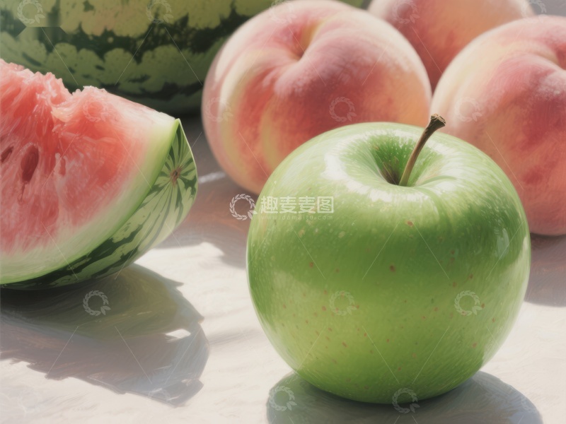 高清大图下载【趣麦麦图】新鲜水果组合：苹果、桃子与西瓜