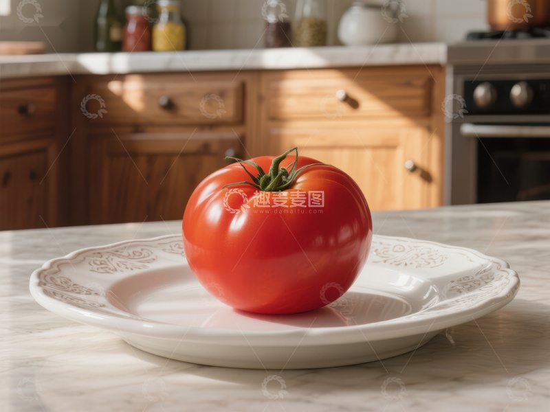 高清大图下载【趣麦麦图】新鲜番茄置于厨房台面的盘子上