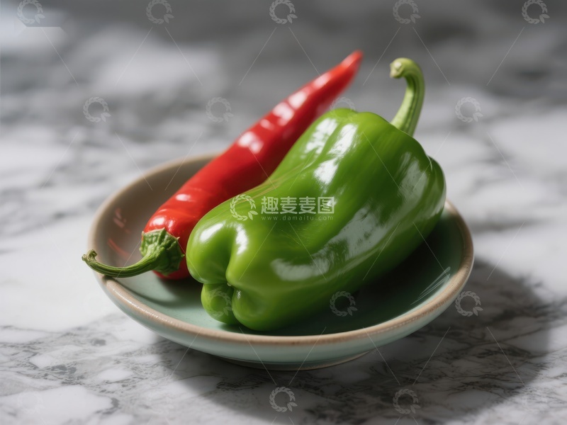 高清大图下载【趣麦麦图】青椒与红辣椒置于陶瓷碟中