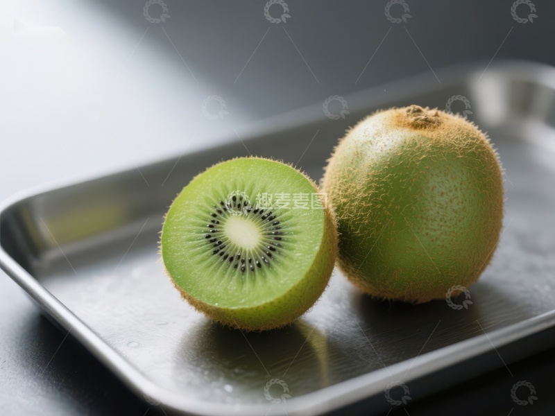 高清大图下载【趣麦麦图】切开与完整的猕猴桃置于金属盘中