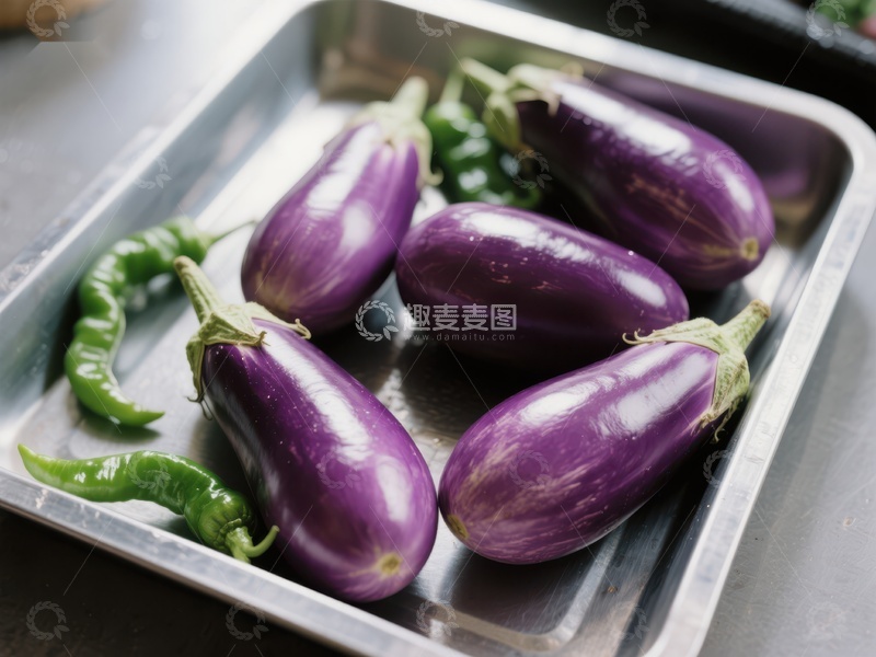 高清大图下载【趣麦麦图】新鲜茄子与青椒置于金属盘中