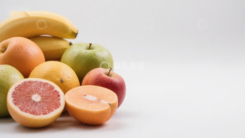 高清大图下载【趣麦麦图】新鲜水果组合：香蕉、苹果与柑橘