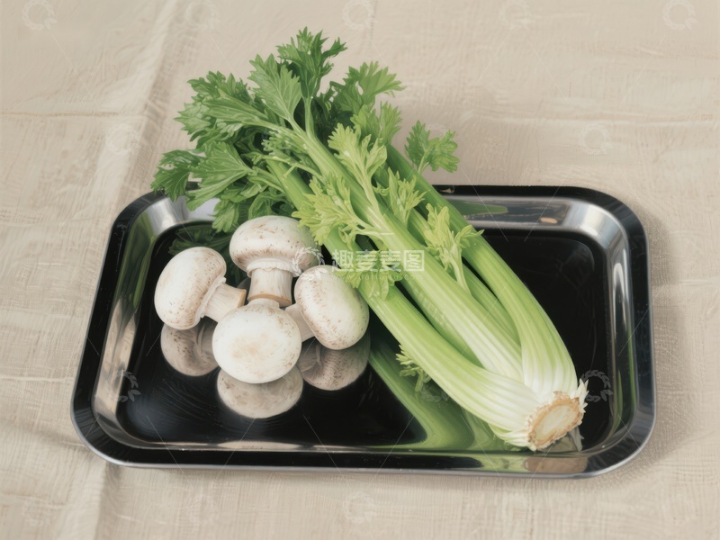 高清大图下载【趣麦麦图】蘑菇与芹菜置于黑色托盘
