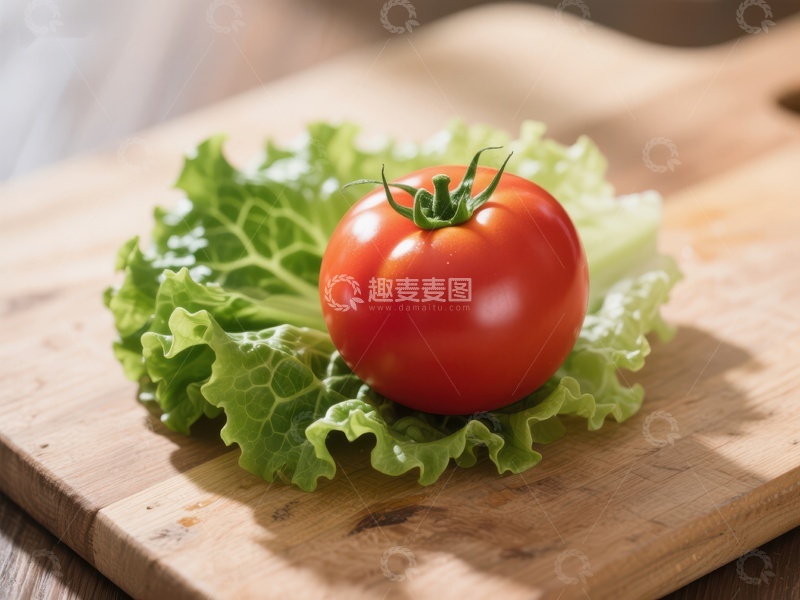 高清大图下载【趣麦麦图】新鲜番茄置于生菜之上