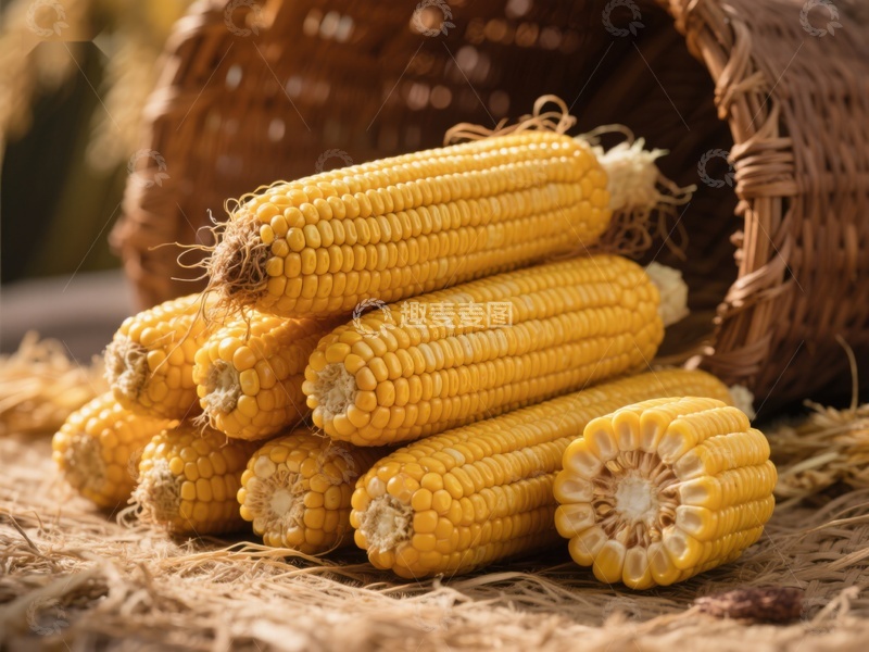 高清大图下载【趣麦麦图】新鲜玉米堆叠在稻草旁