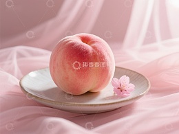 盘中桃子与樱花，柔美布景