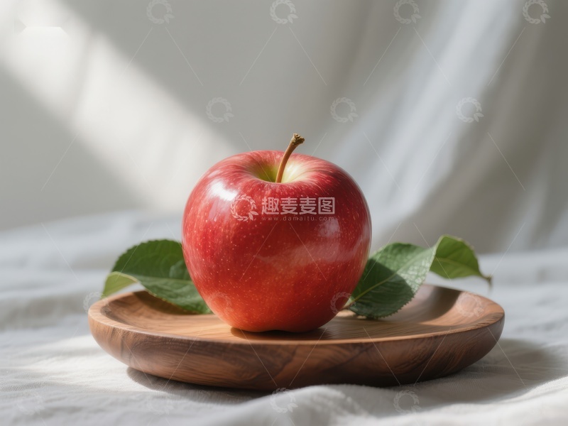 高清大图下载【趣麦麦图】红苹果置于木质盘中，绿叶点缀