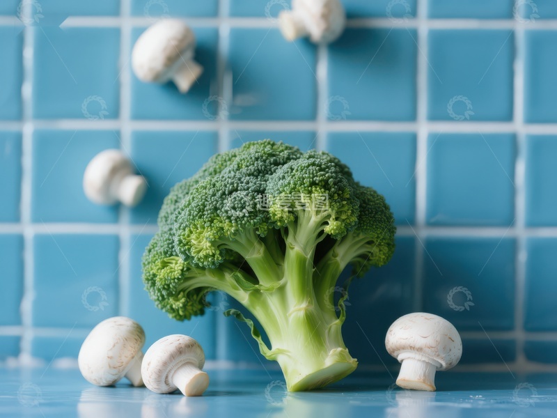 高清大图下载【趣麦麦图】新鲜西兰花与蘑菇的静物组合