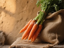 新鲜胡萝卜置于麻布袋上