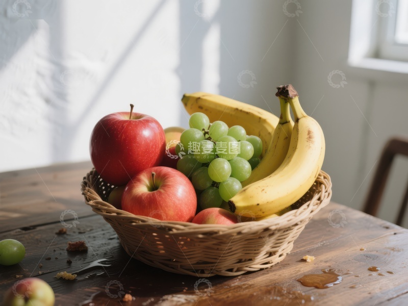 高清大图下载【趣麦麦图】水果篮中的苹果、香蕉和葡萄