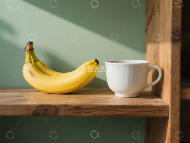 高清大图下载【趣麦麦图】香蕉与咖啡杯置于木质架子上