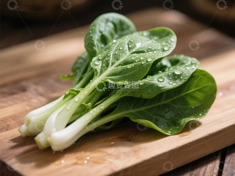 高清大图下载【趣麦麦图】新鲜青菜置于木质砧板上