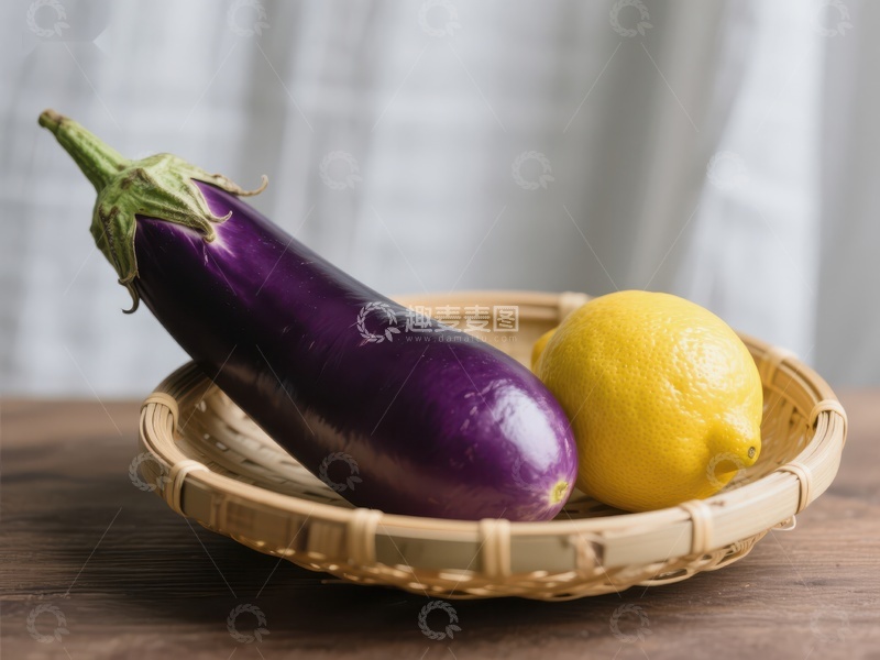 高清大图下载【趣麦麦图】茄子与柠檬置于竹篮