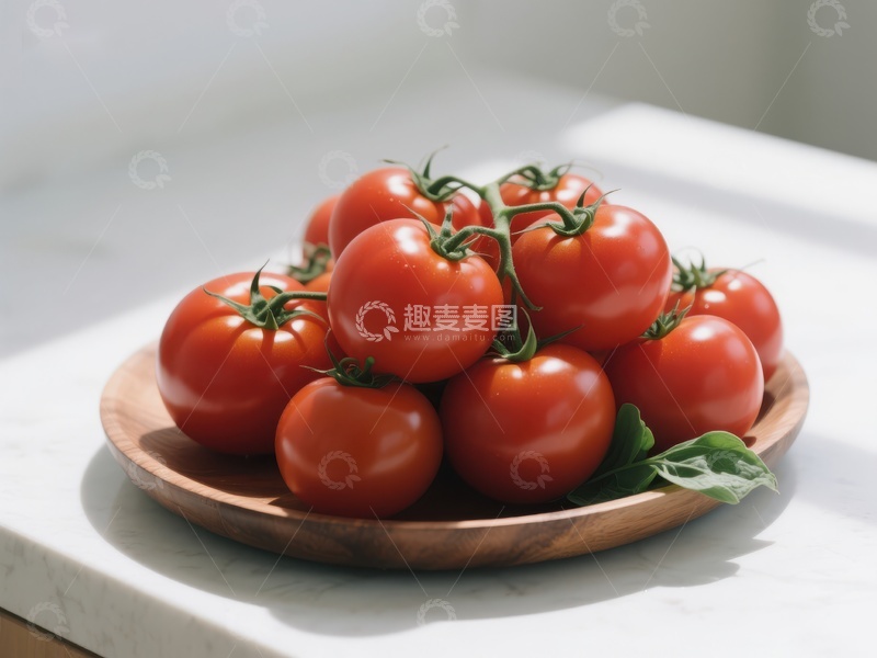 高清大图下载【趣麦麦图】新鲜番茄堆放在木质盘中
