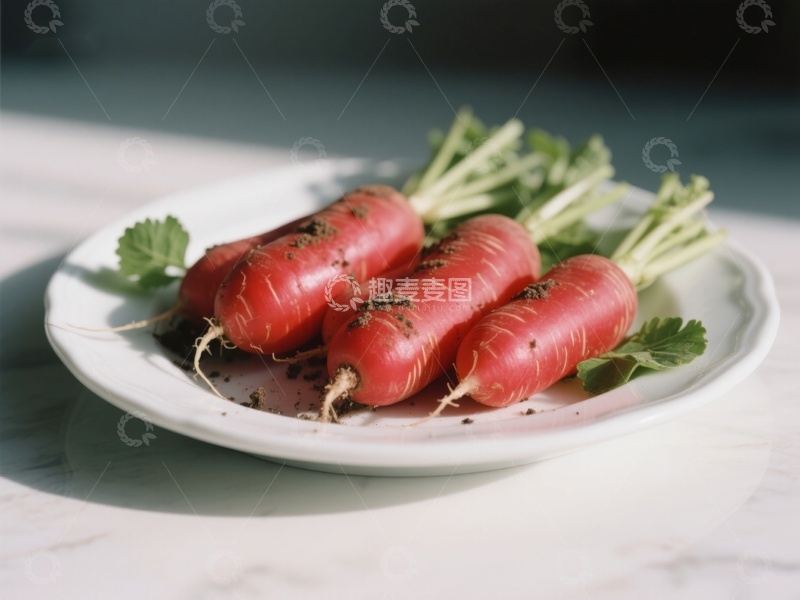 高清大图下载【趣麦麦图】新鲜红萝卜置于白色盘中