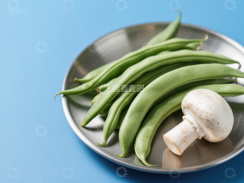 高清大图下载【趣麦麦图】新鲜四季豆与蘑菇置于金属盘中