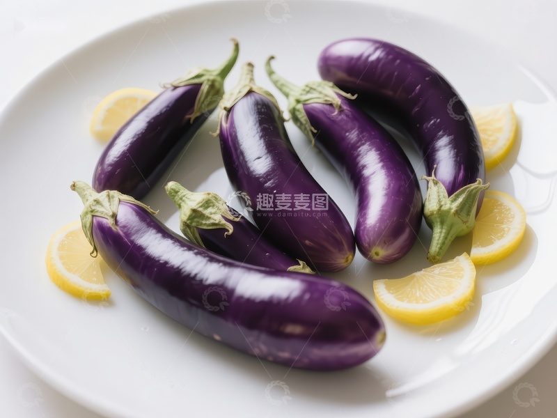 高清大图下载【趣麦麦图】新鲜茄子与柠檬片的静物组合