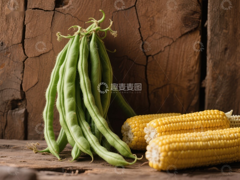 高清大图下载【趣麦麦图】新鲜豆角与玉米的乡村静物