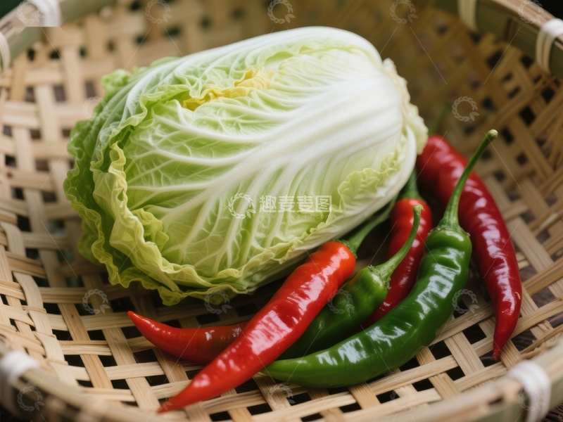 高清大图下载【趣麦麦图】新鲜白菜与红辣椒置于竹篮中