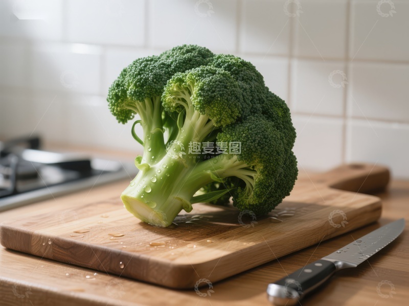 高清大图下载【趣麦麦图】新鲜西兰花置于木质砧板上