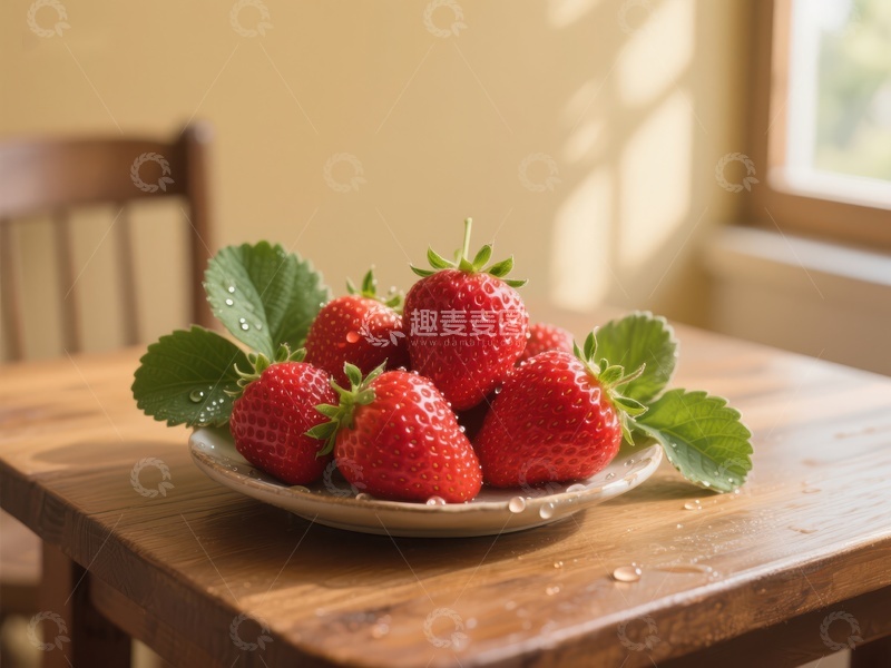 高清大图下载【趣麦麦图】新鲜草莓置于木质桌上的盘中
