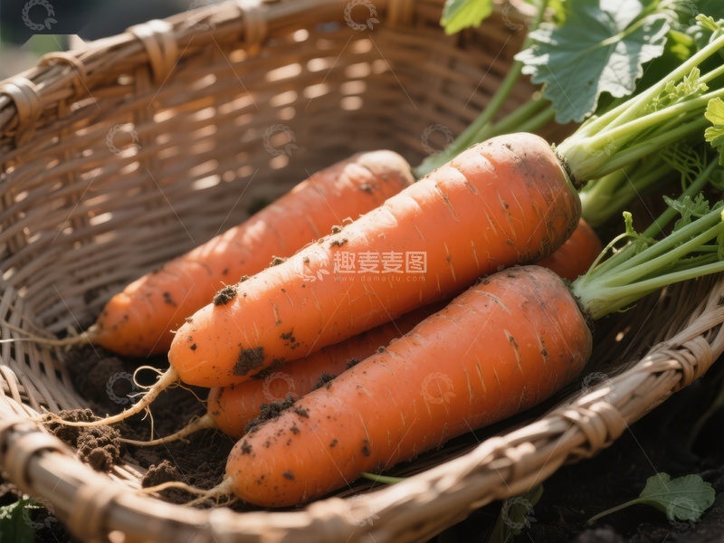 高清大图下载【趣麦麦图】新鲜胡萝卜置于编织篮中