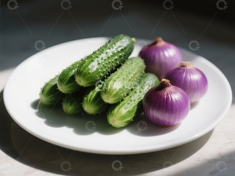 高清大图下载【趣麦麦图】新鲜黄瓜与洋葱的静物组合