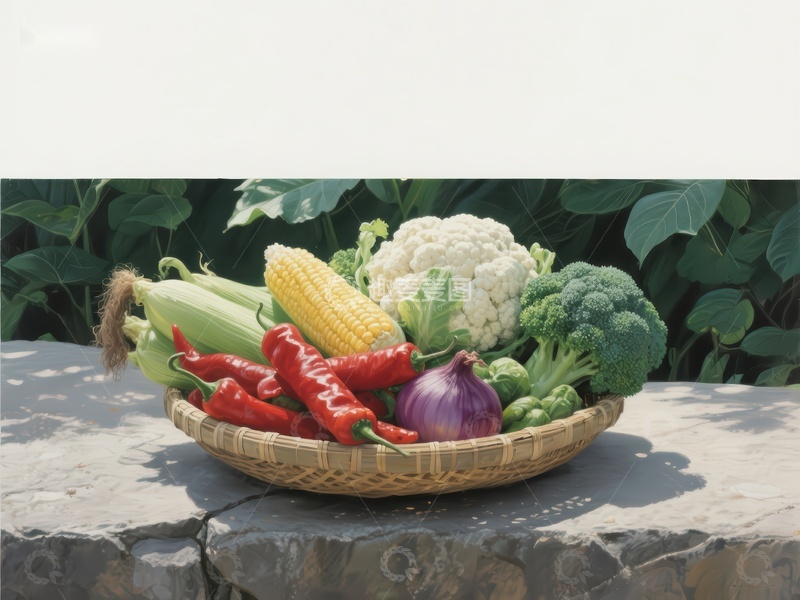 高清大图下载【趣麦麦图】新鲜蔬菜篮，户外自然背景