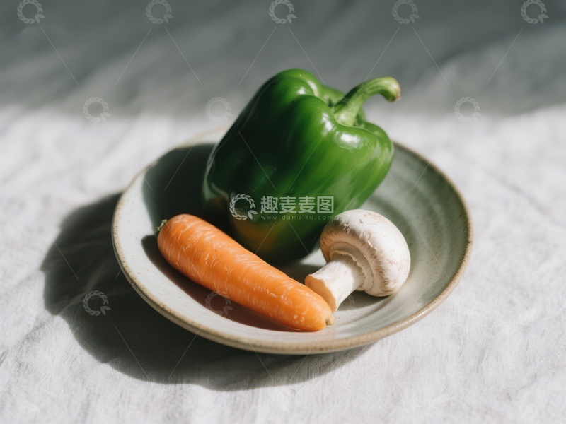 高清大图下载【趣麦麦图】盘中的青椒、胡萝卜和蘑菇