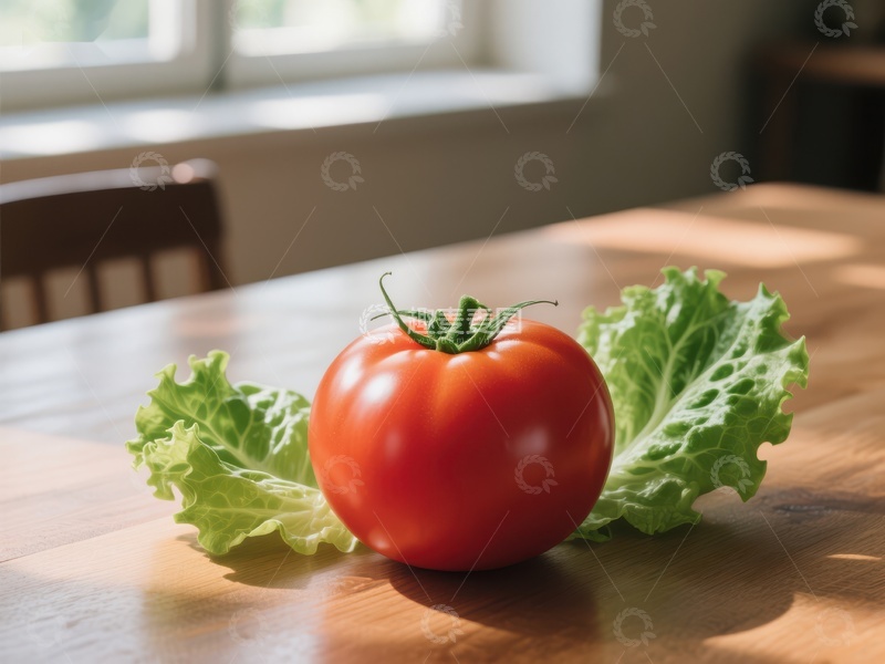 高清大图下载【趣麦麦图】新鲜番茄与生菜置于木质桌面