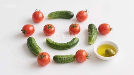 蔬菜笑脸：黄瓜番茄与橄榄油的创意组合