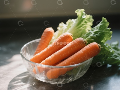 新鲜胡萝卜与生菜置于玻璃碗中